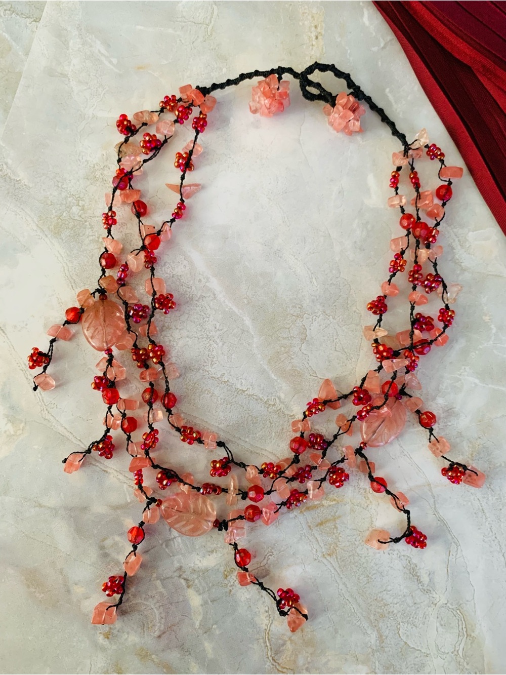 Cherry Quartz and Acrylic Beaded Pink and Red Multi-Strand Necklace